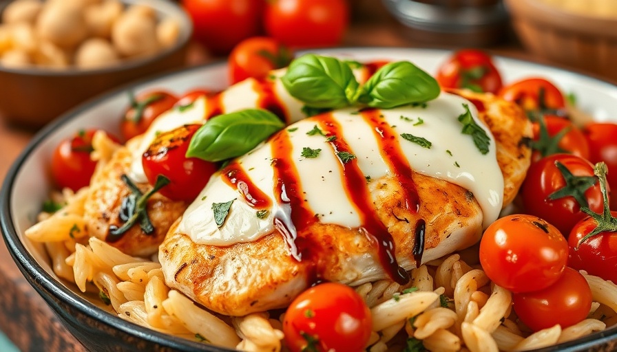 One pan chicken caprese orzo bake with basil and tomatoes.
