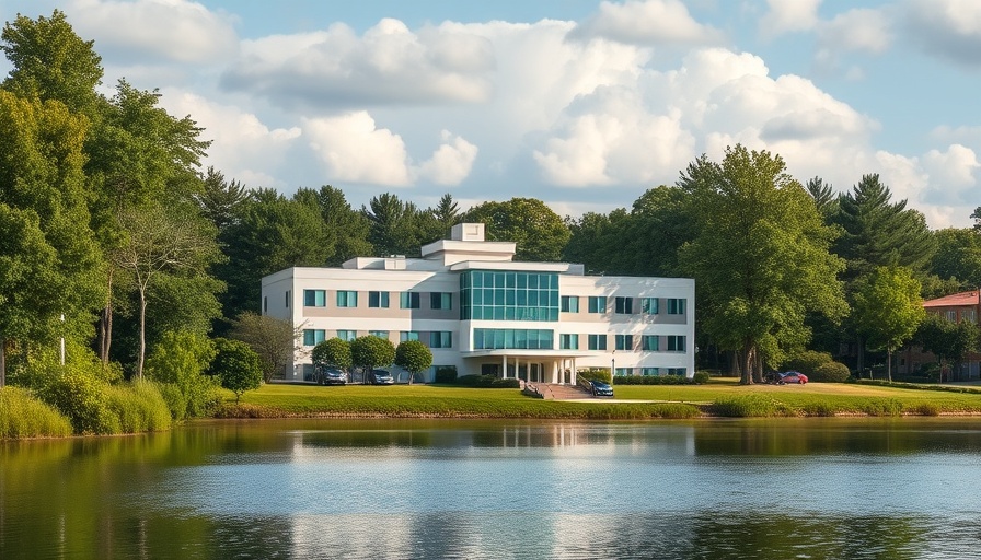 US hospital near water highlighting flood risk with greenery and sky.