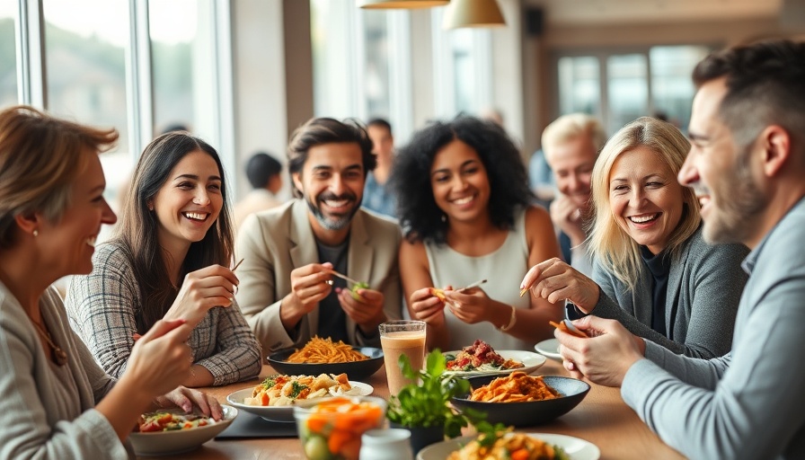 Blue Zones diet for longevity depicted in a lively meal with friends.
