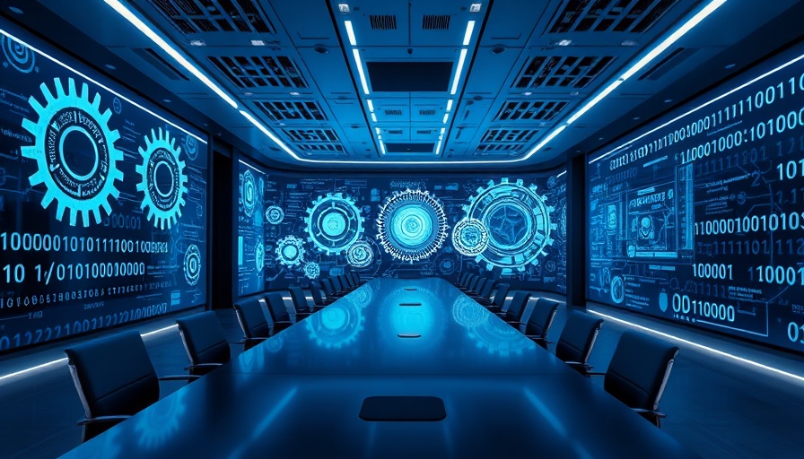 Futuristic conference room with digital displays and binary code overlay, showcasing tech integration.