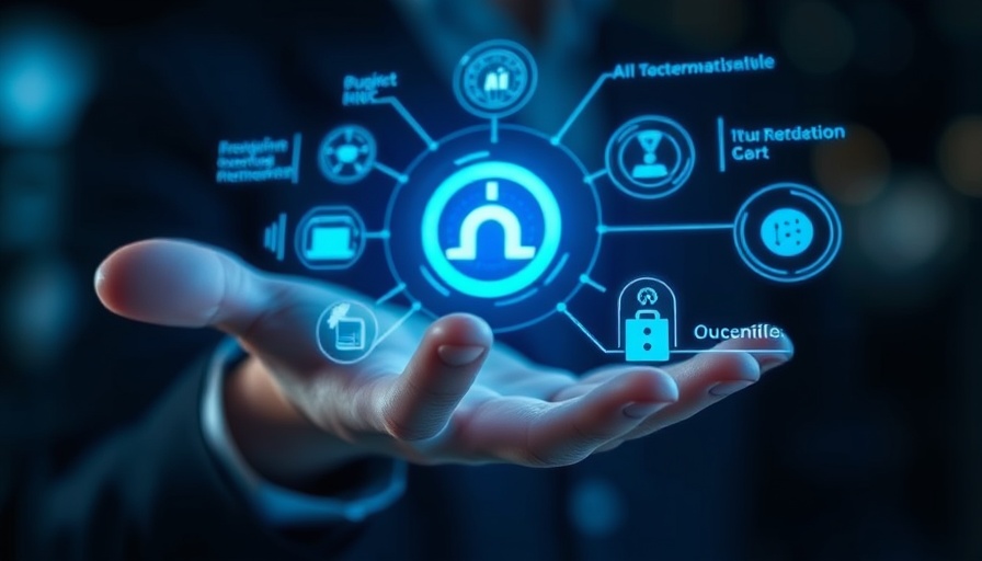 Futuristic digital AI interface over hand, illustrating AI security risks.