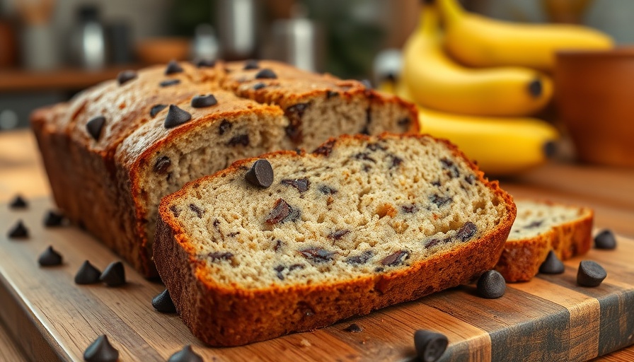 Protein Banana Bread Recipe: sliced bread with chocolate chips on a counter.