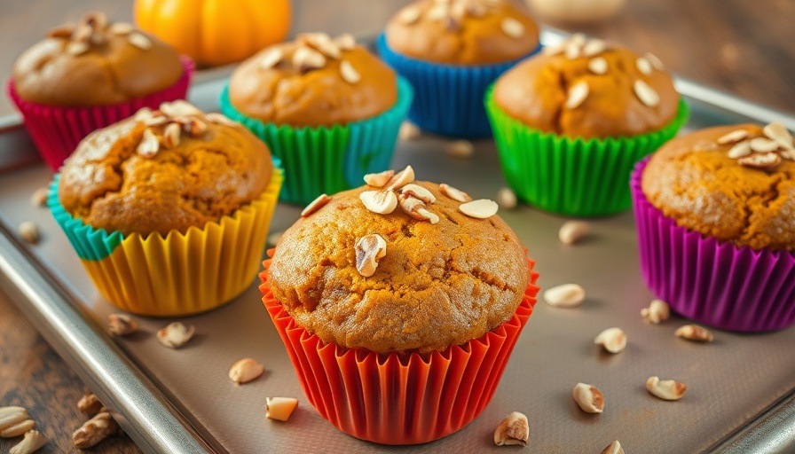 Almond flour pumpkin muffins in colorful silicone cups on baking tray.