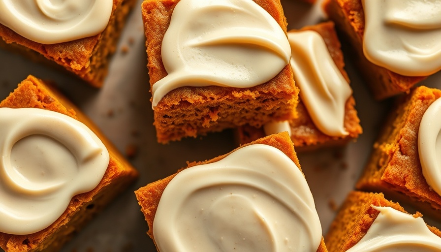 Pumpkin spice cake squares with frosting, seasonal October recipe.