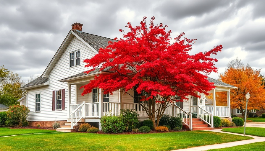 White house with porch and vibrant red tree under cloudy sky.