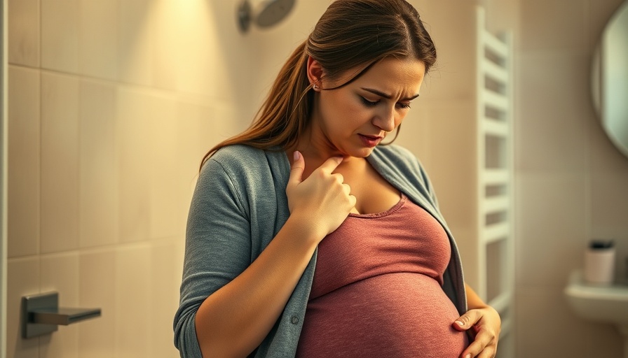 Pregnant woman with gum sensitivity discomfort in the bathroom.