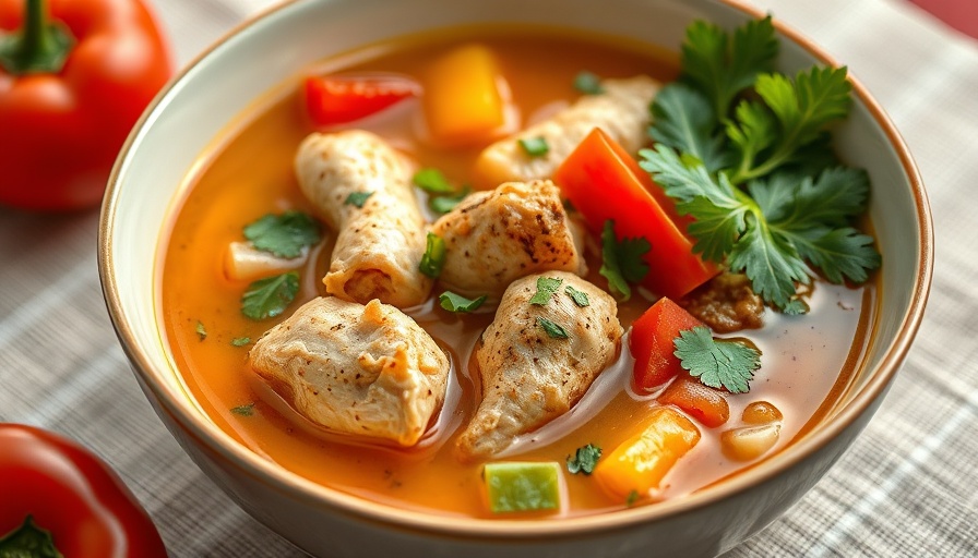 Colorful Marry Me Chicken Soup with vegetables in a blue bowl.