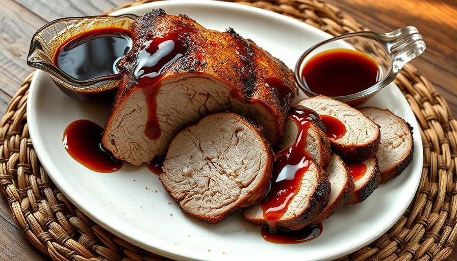 Tender balsamic pork roast with sauce on a rustic plate.