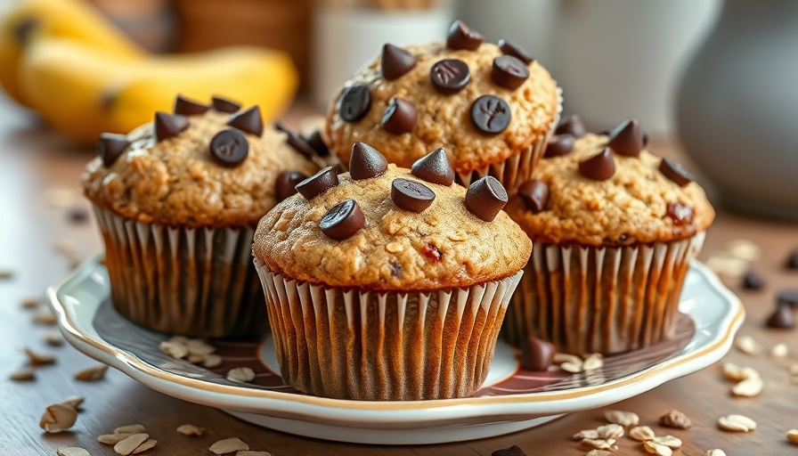 Banana oatmeal muffins recipe with chocolate chips on a plate.