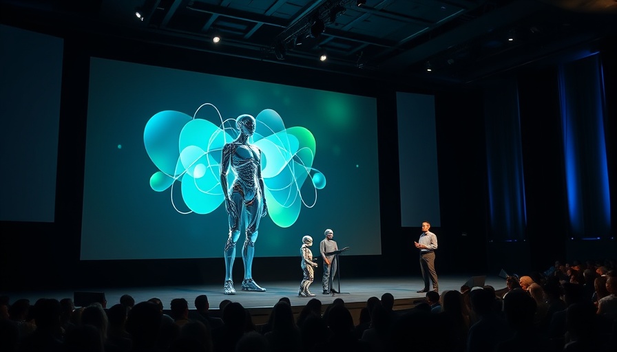 Futuristic presentation of shape-shifting AI robots at conference.