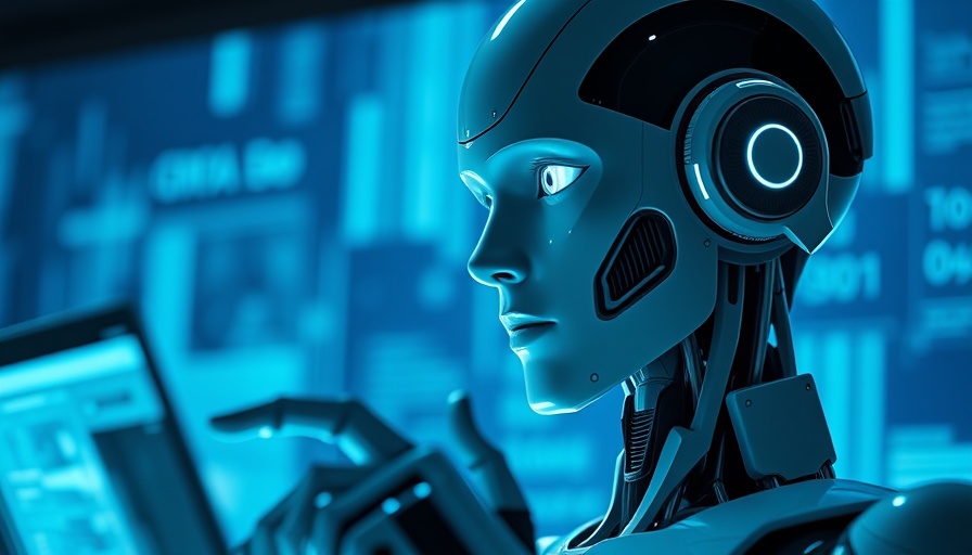 Futuristic robot analyzing digital data in AI micro-influencer platform.