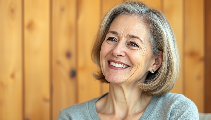 Portrait of a middle-aged woman smiling in a warm setting.
