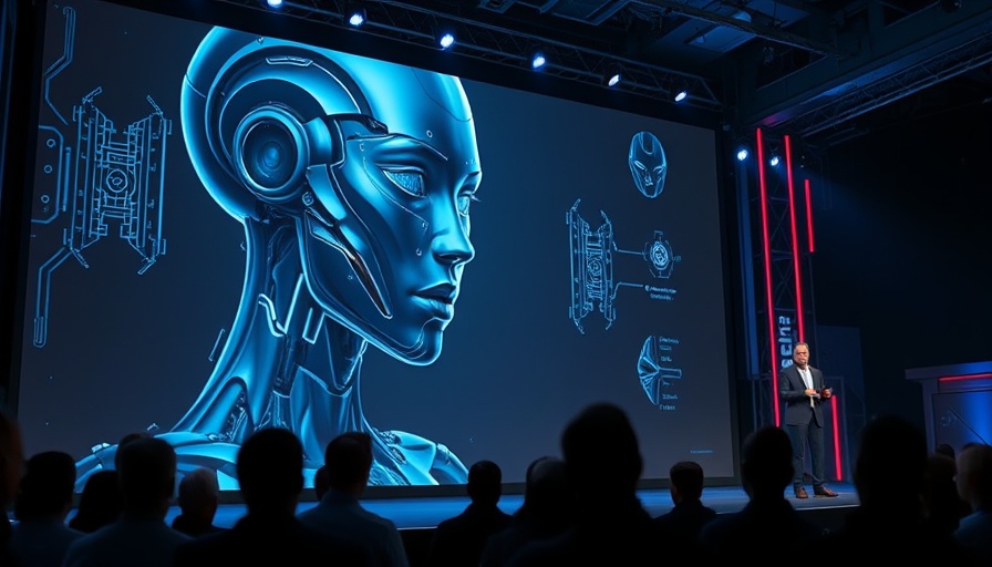 Presentation of DeepSeek new AI model with cyborg imagery and speaker.