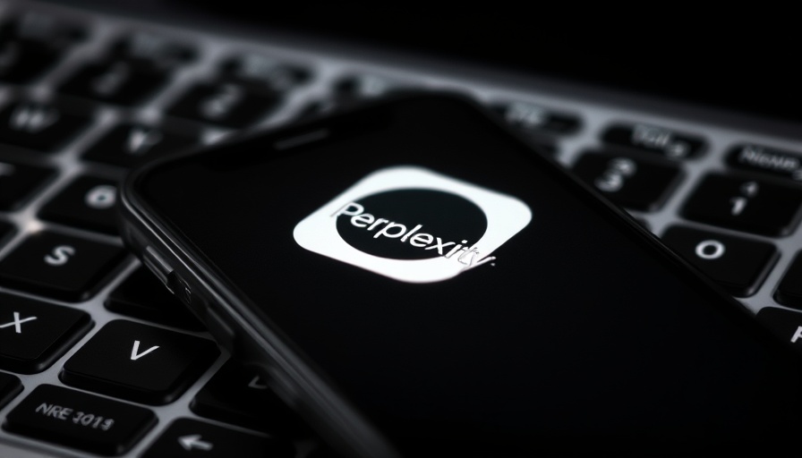 Close-up of Perplexity app icon on phone over keyboard.