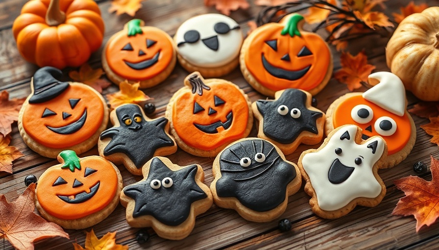 Halloween soft sugar cookies shaped like pumpkins and ghosts, vibrant display.