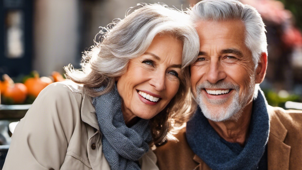 Middle age couple with dental implants smiling