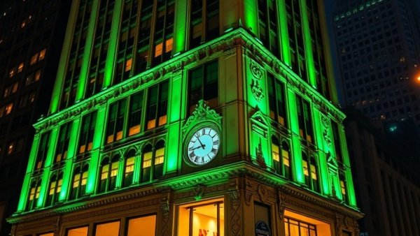 Helmsley Building New York City facade illuminated in green with clock.