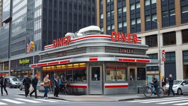 Classic prefabricated steel diner on a Manhattan street corner.