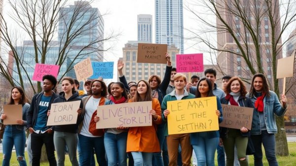 ICE Out for Good movement protest with diverse group in city park.
