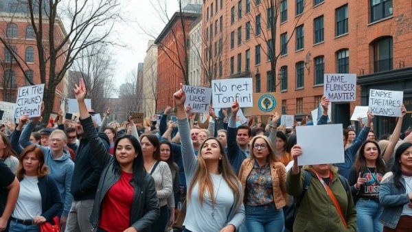 Solidarity march against ICE in city square with protesters holding signs.