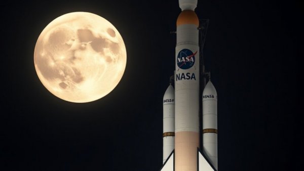 Towering NASA rocket and full moon, representing Artemis II mission delay.