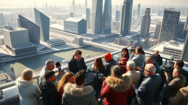 Diverse group at free public viewing deck event with cityscape.