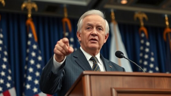 Federal official speaking at podium with USA flags, formal setting.