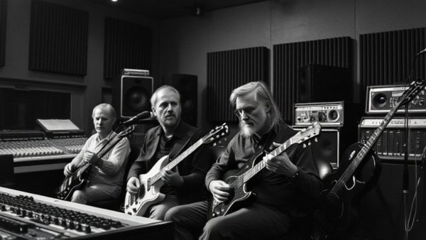 Historical scene at Electric Lady Studios with musicians and equipment.