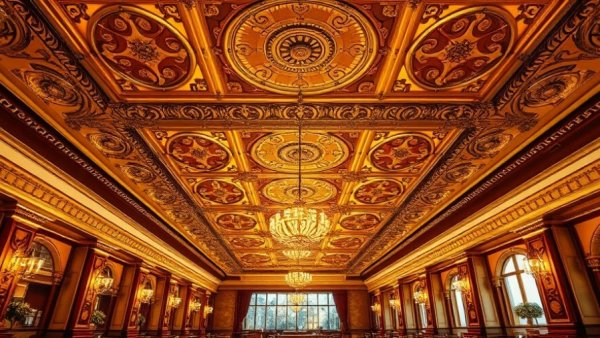 Elegant NYC restaurant interior with ornate ceiling design.