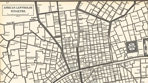 Map highlighting African landholdings in New Amsterdam, relating to Black History in Greenwich Village.