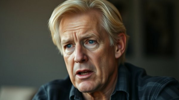 Older man speaking with intense expression indoors.