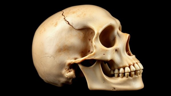 Evidence of early brain surgery on ancient skull, trepanation visible.