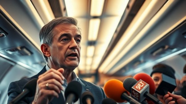 Middle-aged man addressing media on a plane, surrounded by microphones.