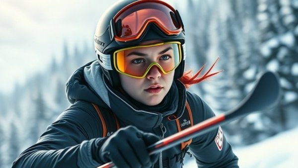 Female skier competing in downhill race after ACL injury.