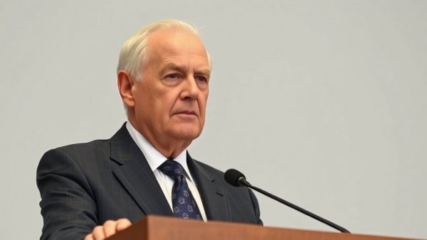 Man in a suit speaking at a podium with a serious expression.