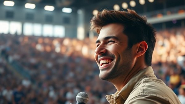 Male singer performing at Super Bowl with crowd in background.