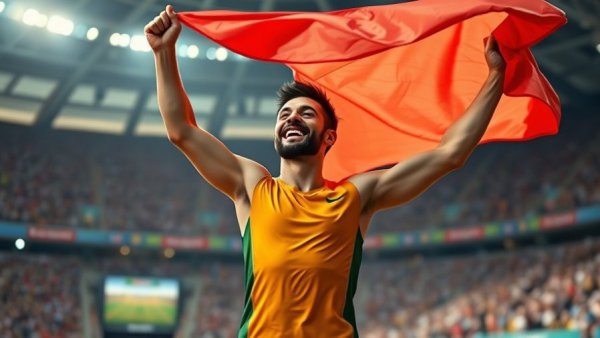 Olympic athlete joyfully raising flag, Ashley Farquharson Olympic luge medal celebration.