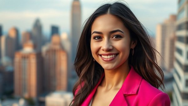 Candidate in pink blazer for Council District 3 election smiling confidently.