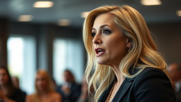 Blonde woman speaking at an event, indoor setting, blurred background.