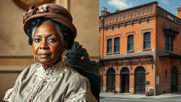 Historic Black woman in Victorian dress beside a historic building.