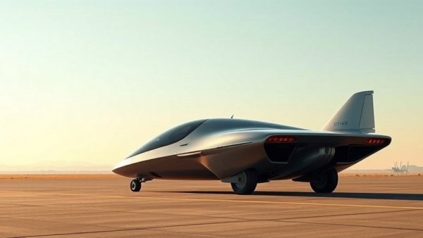 Sleek futuristic flying car on tarmac, world's largest flying car