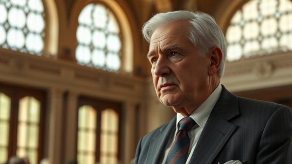 Elderly man in suit at event discussing golf course protest battery charge