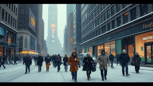 Northeast Blizzard Warning: pedestrians navigate snowy city.