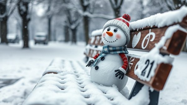 Quirky snow figure on bench amidst NYC blizzard impacts.