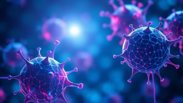 AI in cell biology research illustration with digital cells and networks.