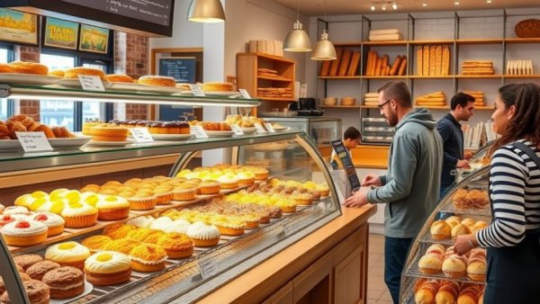 Assorted pastries in a bakery being chosen by a customer, showcasing local businesses in Chelsea.