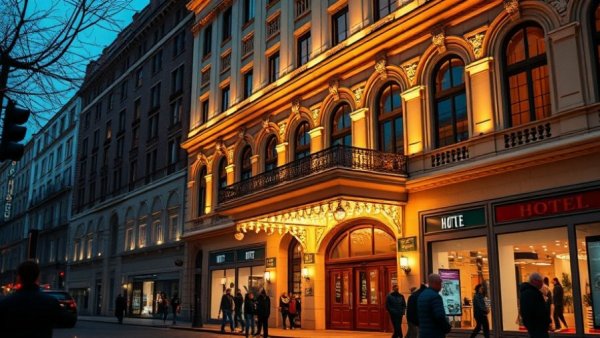 Front view of the Redbury Hotel at night highlighting elegant architecture.