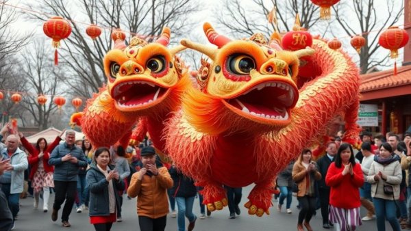 Lunar New Year 2026 events: vibrant parade with dragon dance.