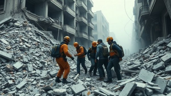 Rescue workers assist at building collapse site, Iran school attack.