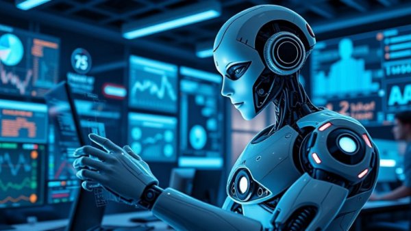 AI robot in a futuristic office analyzing marketing data.